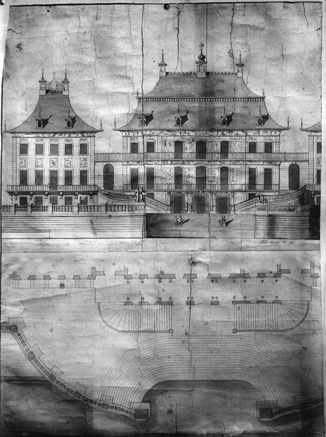 Wasserpalais, Stromseitige Ansicht und Grundriss der Treppenanlage, Federzeichnung von M. D. Pöppelmann, nach 1721